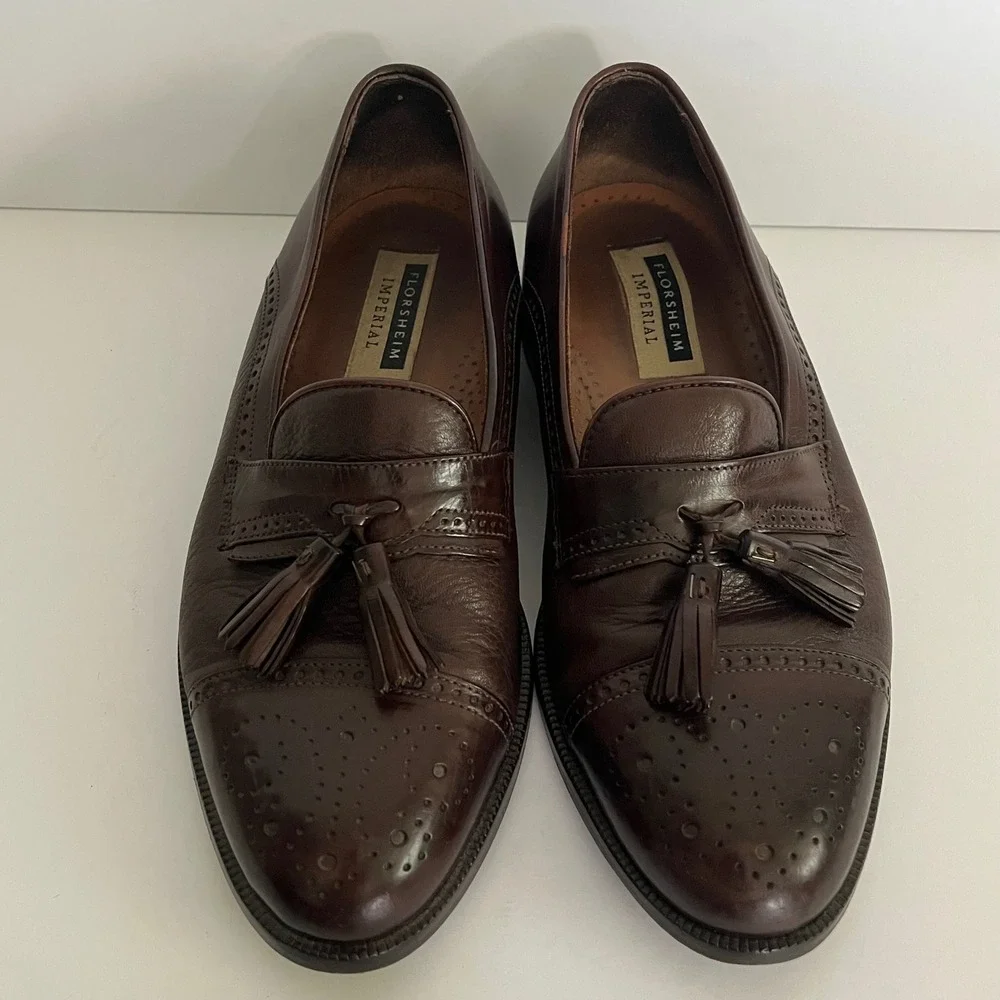 Florsheim Imperial Mens 7.5 EEE Dark Brown Leather Wingtip Tassel Loafers 93080